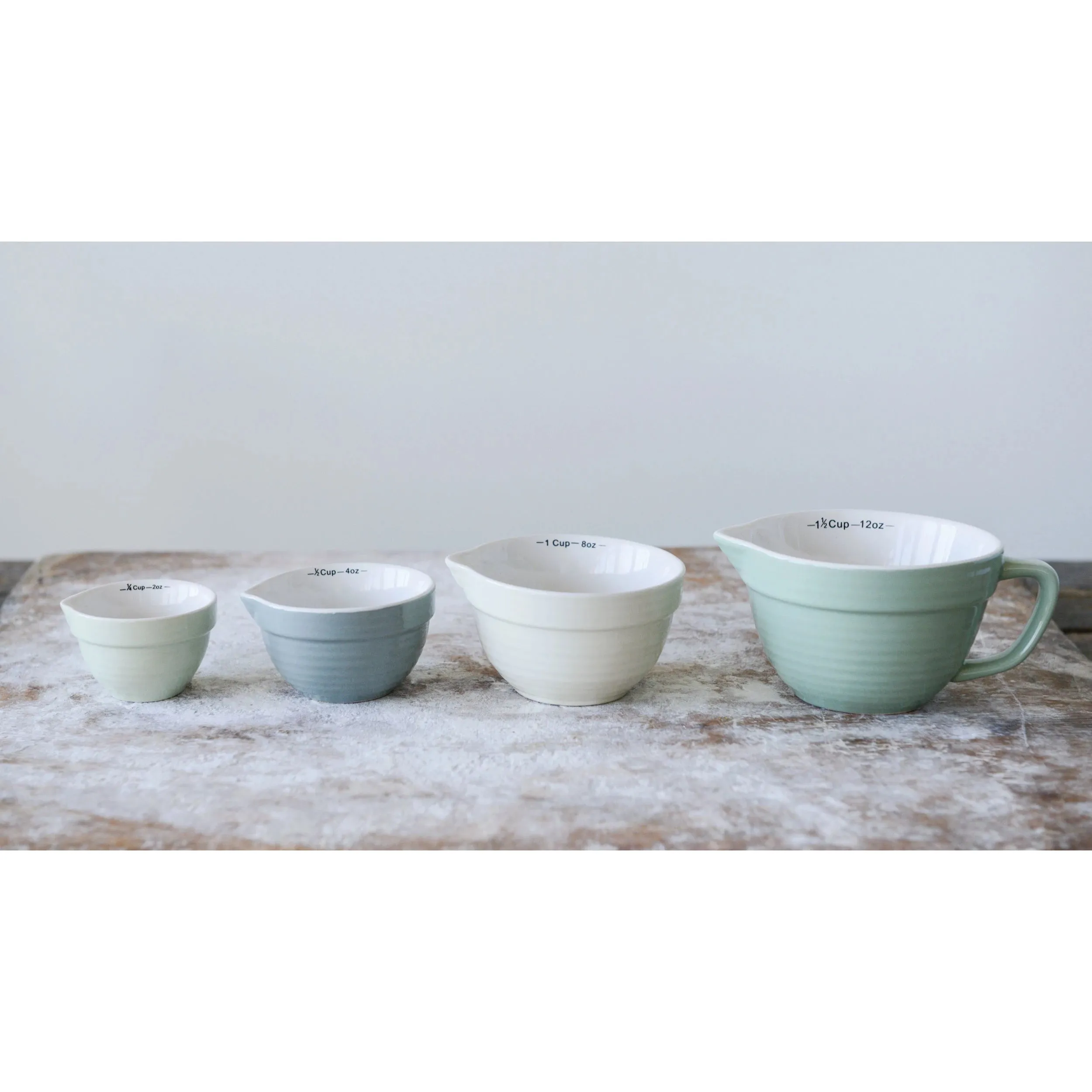 1-1/2, 1, 1/2, 1/4 Cup Stoneware Batter Bowl Shaped Measuring Cups, Set of