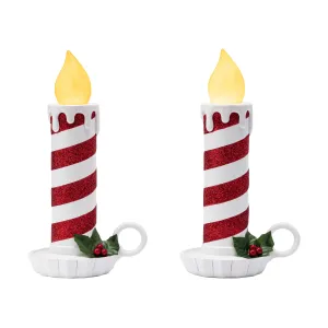 10 in. Set of 2 Flickering LED Striped Candles - Red and White