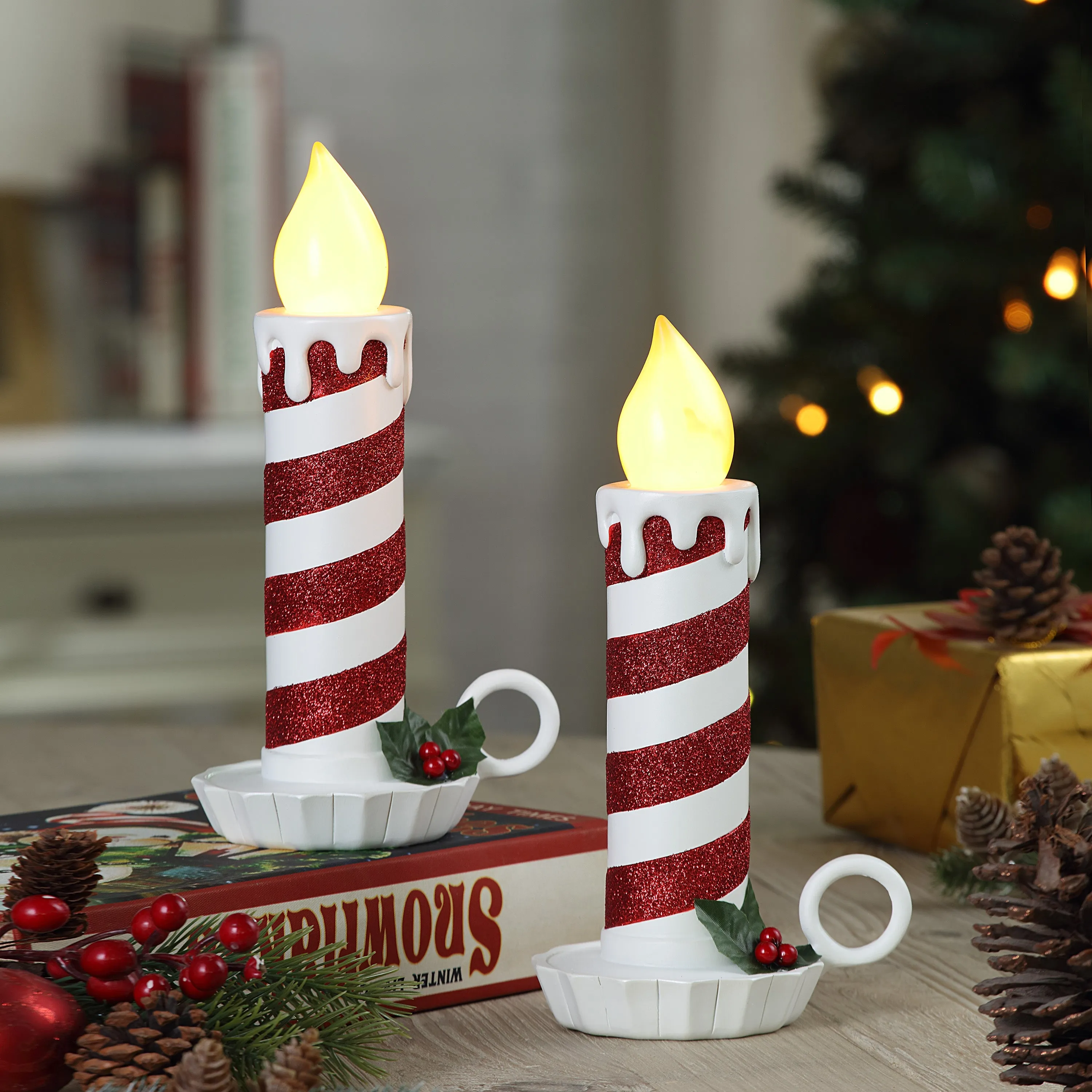 10 in. Set of 2 Flickering LED Striped Candles - Red and White