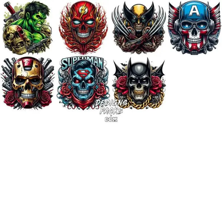 55 Super Heroes SKULL Style Movies Designs Bundle PNG