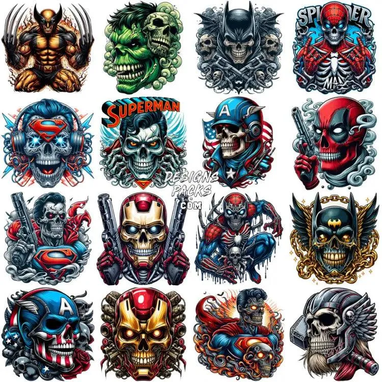 55 Super Heroes SKULL Style Movies Designs Bundle PNG