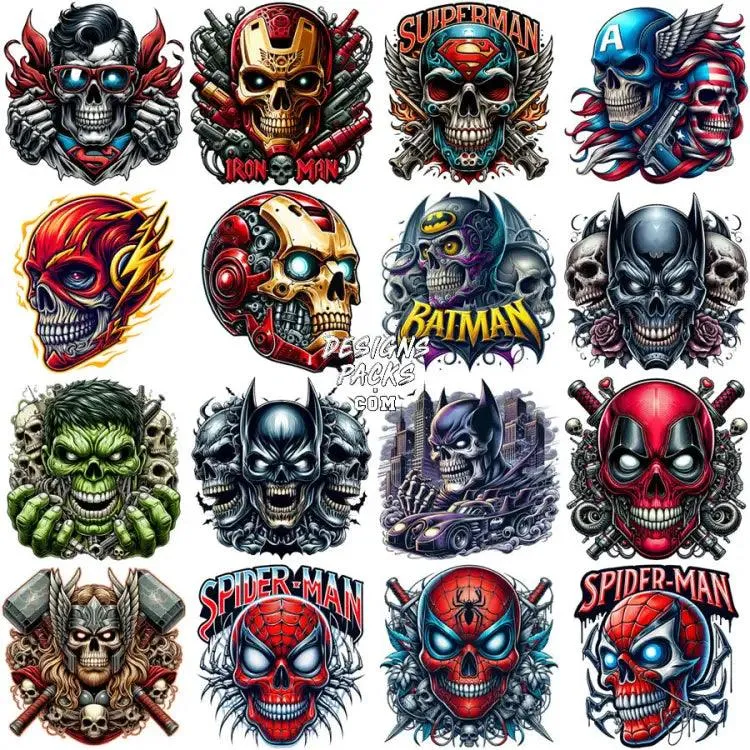 55 Super Heroes SKULL Style Movies Designs Bundle PNG