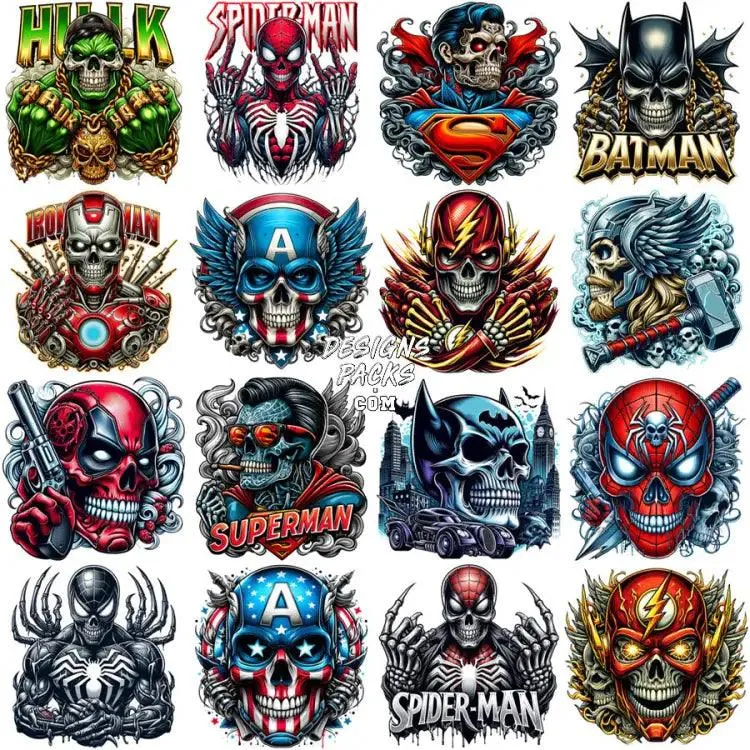 55 Super Heroes SKULL Style Movies Designs Bundle PNG