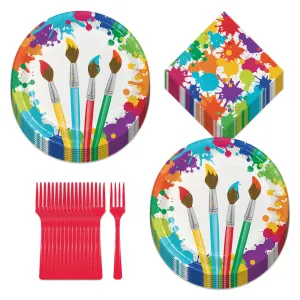 Art Party Supplies - Bright Artist Paint Brush Splatter Paper Dinner Plates, Luncheon Napkins, and Cups (Serves 16)