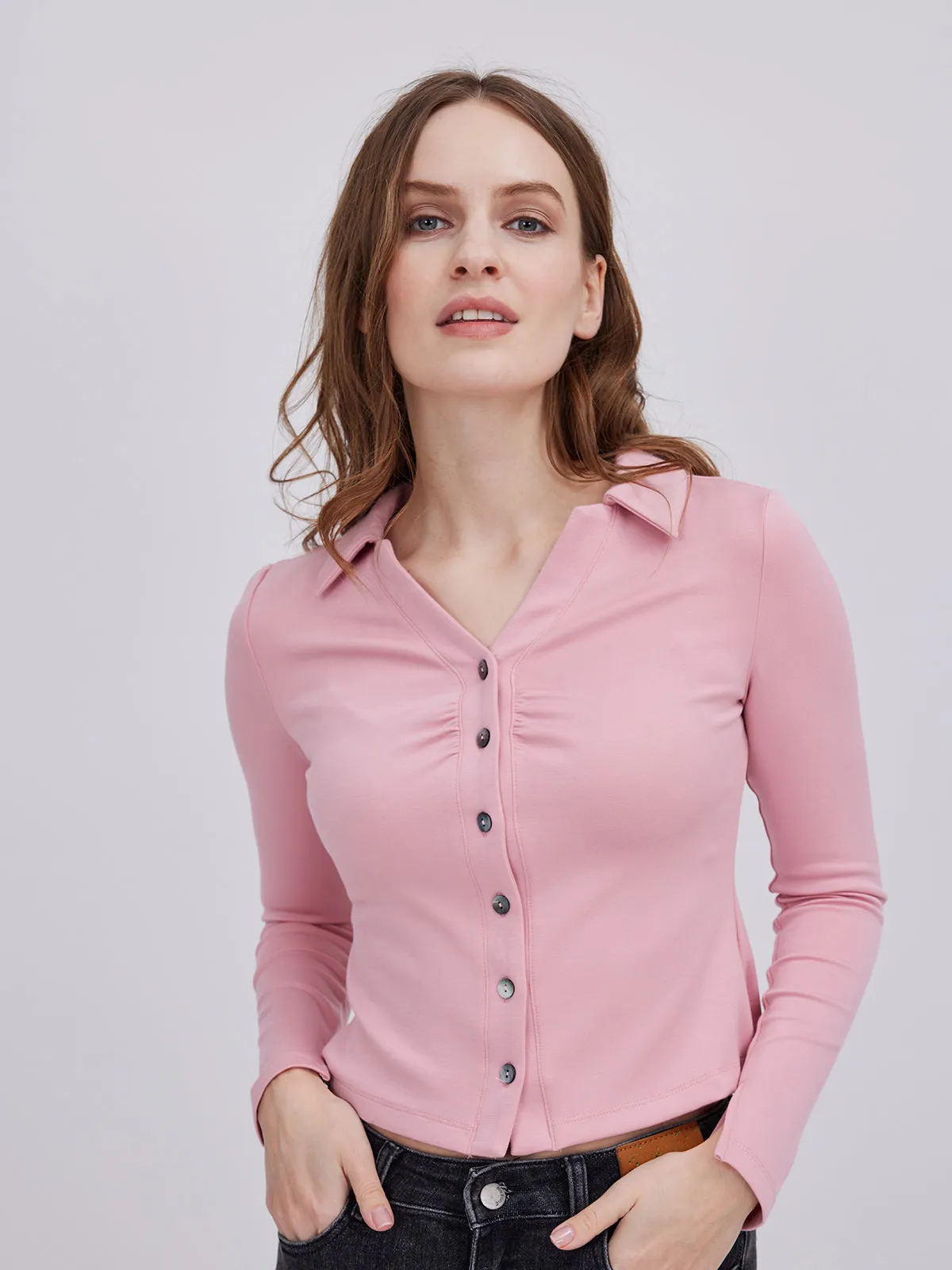 ASOBIO Long Sleeve V-Neck Ribbed Knit Shirt