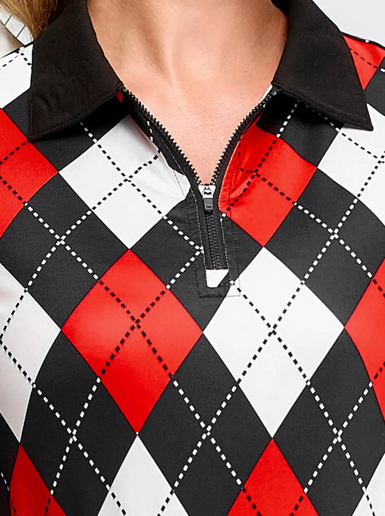 Black and Red Checkerboard Quarter-zip Long-sleeve Fleece Top for Women