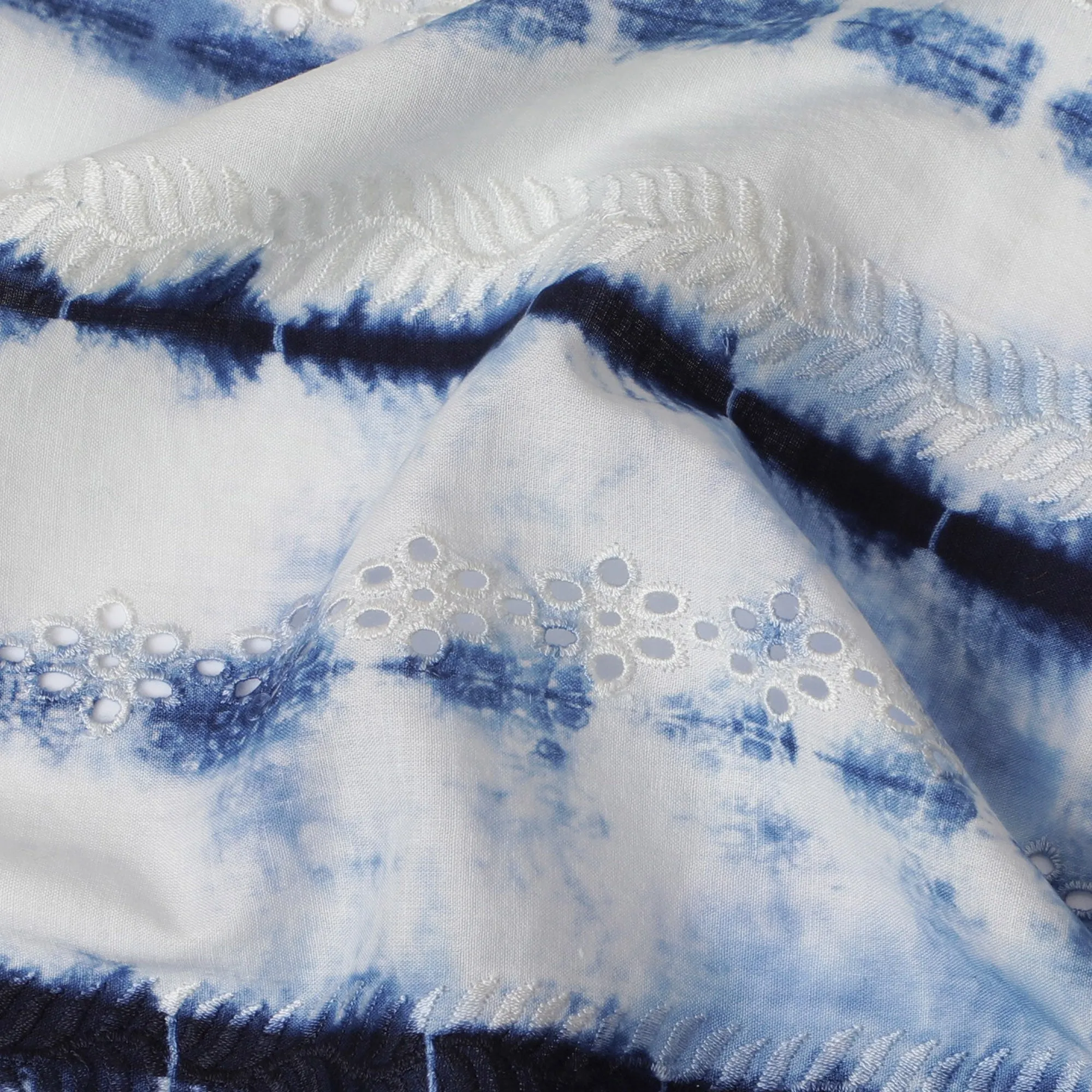 Blue and White Tie-Dye Cotton Lawn Fabric with Embroidery, 110 cm Width-D19661