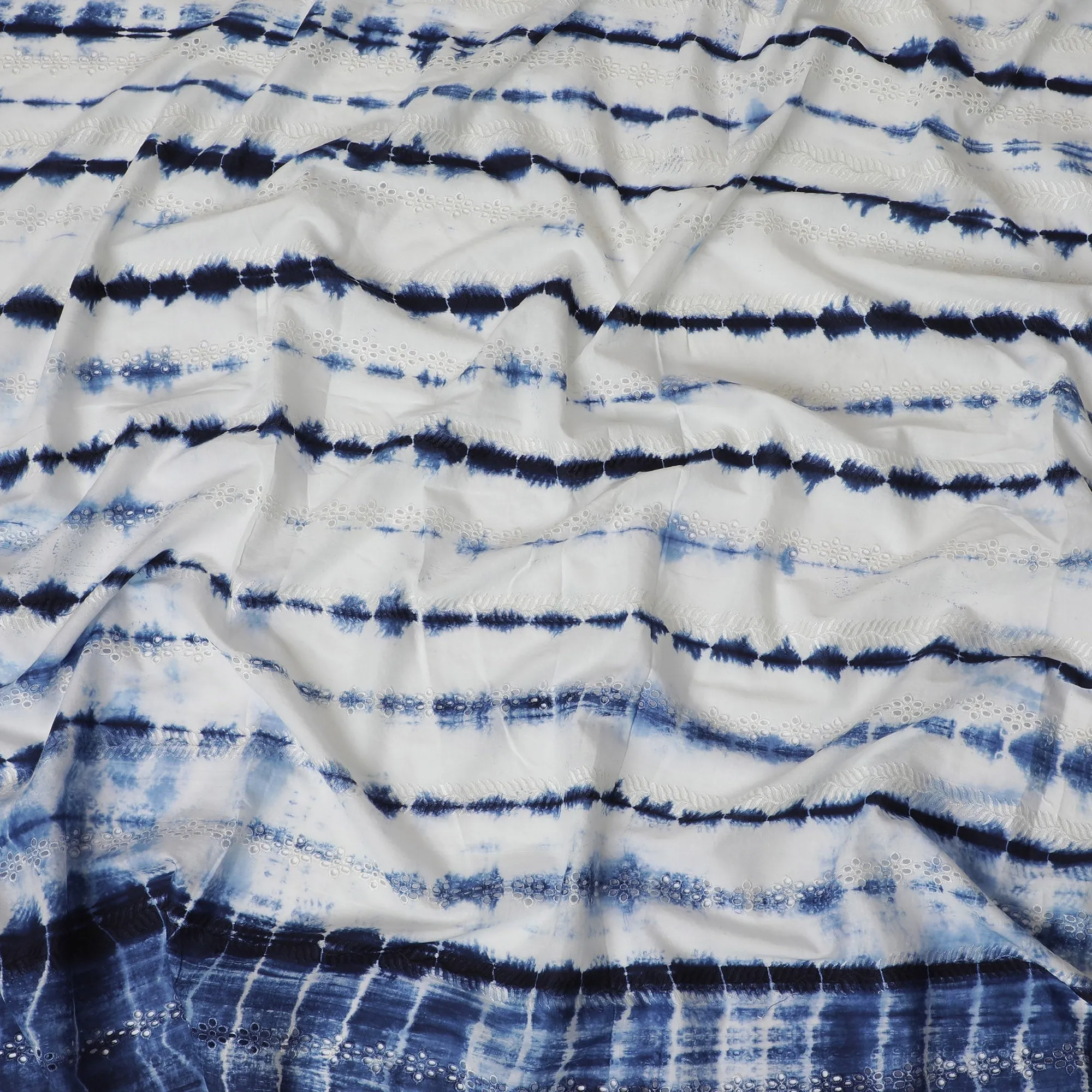 Blue and White Tie-Dye Cotton Lawn Fabric with Embroidery, 110 cm Width-D19661