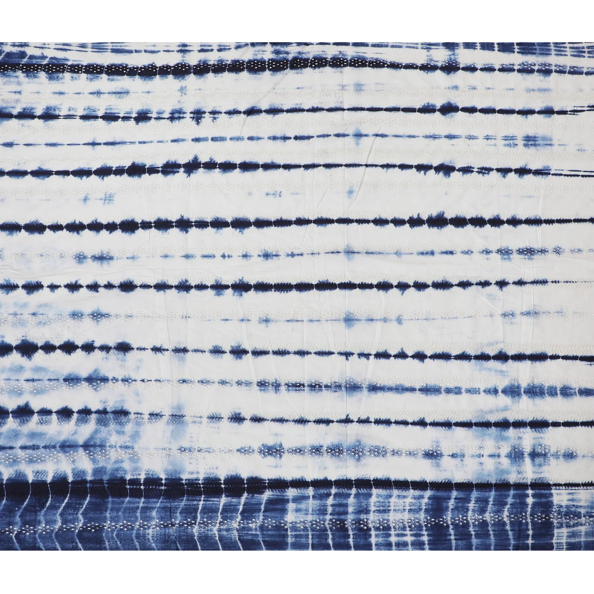 Blue and White Tie-Dye Cotton Lawn Fabric with Embroidery, 110 cm Width-D19661