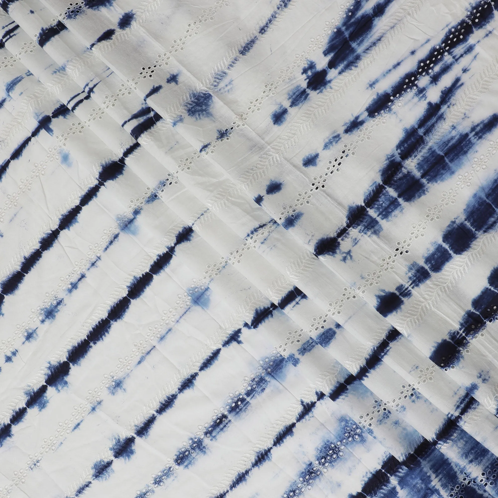 Blue and White Tie-Dye Cotton Lawn Fabric with Embroidery, 110 cm Width-D19661