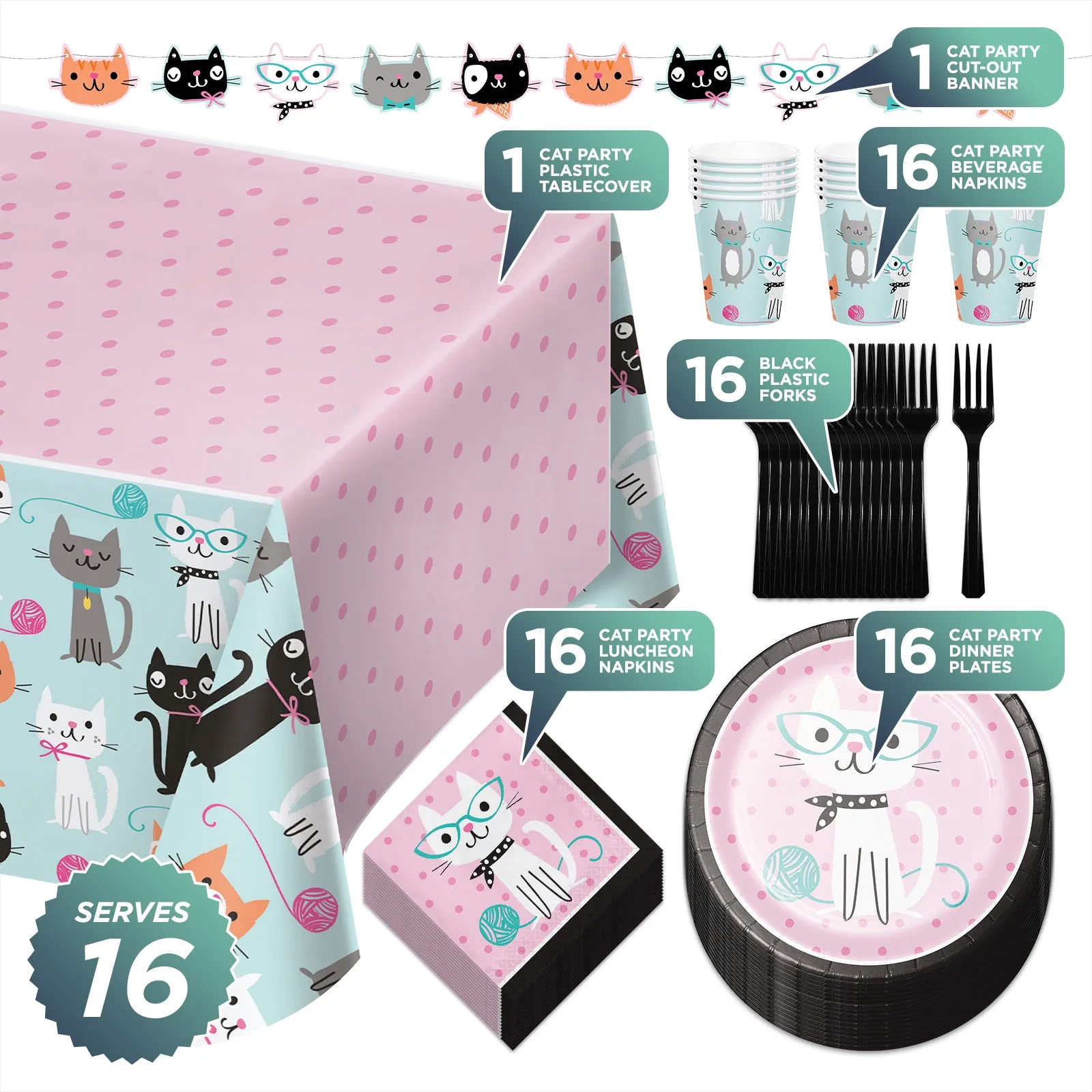 Cat Party Pink Paper Dinner Plates, Napkins, Forks, Cups, Table Cover, and Banner Set (Serves 16)