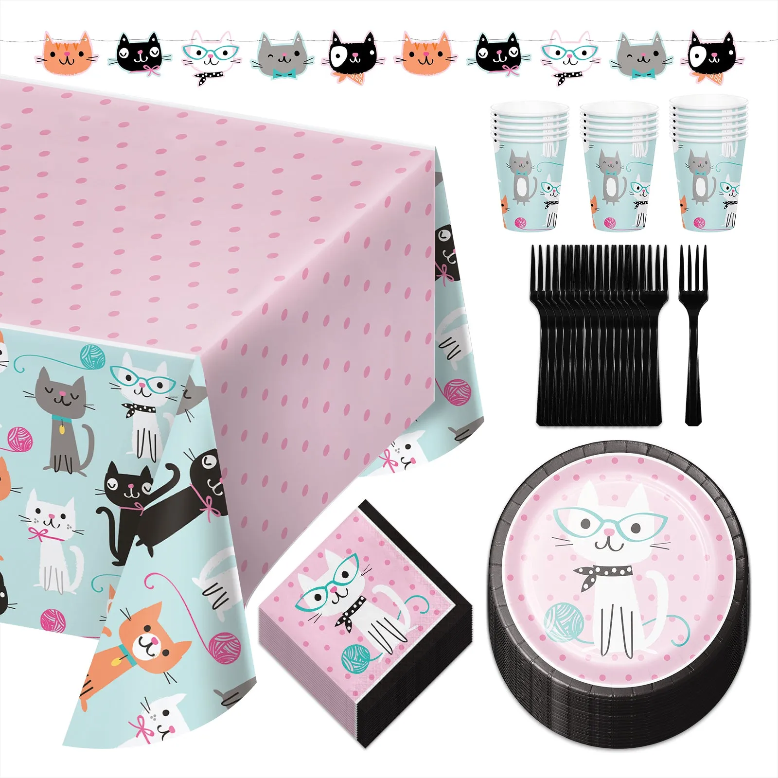 Cat Party Pink Paper Dinner Plates, Napkins, Forks, Cups, Table Cover, and Banner Set (Serves 16)