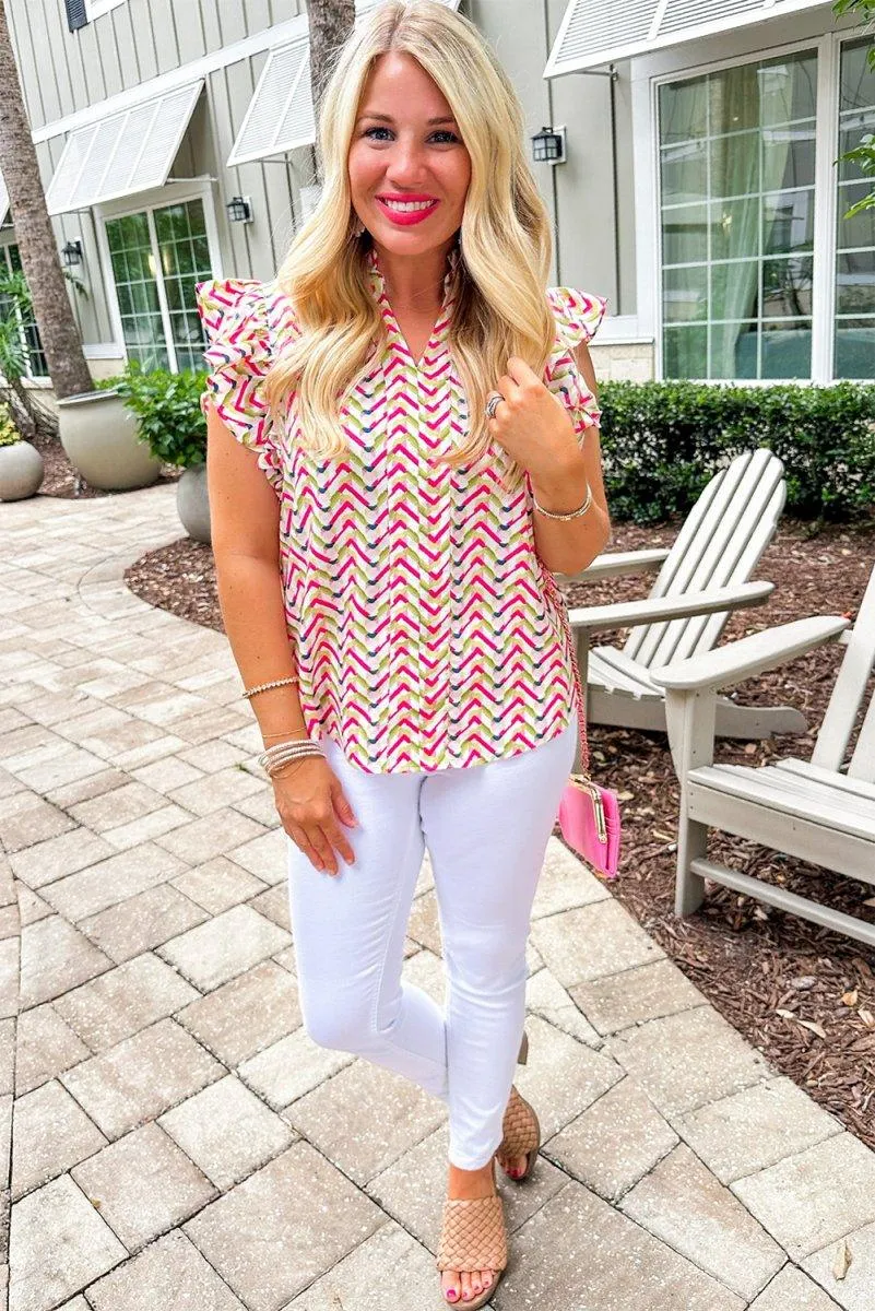 Chevron Ruffled Multicolor Fuchsia Blouse