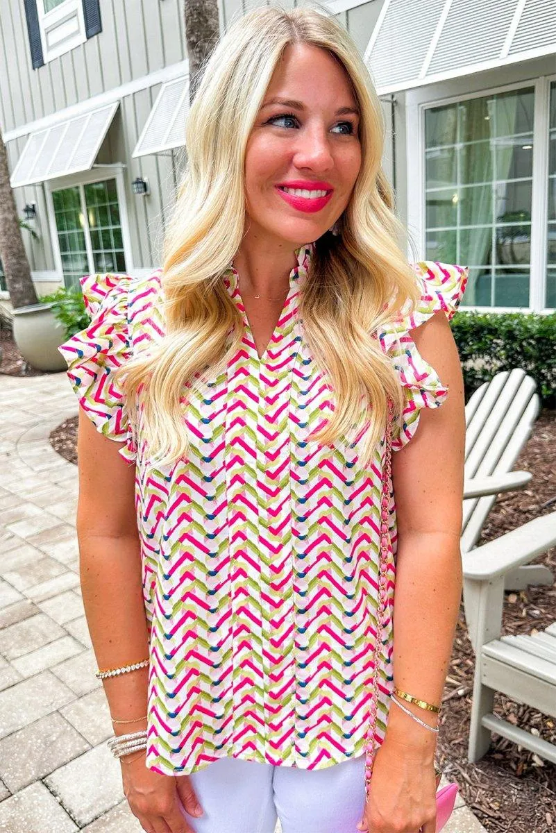 Chevron Ruffled Multicolor Fuchsia Blouse