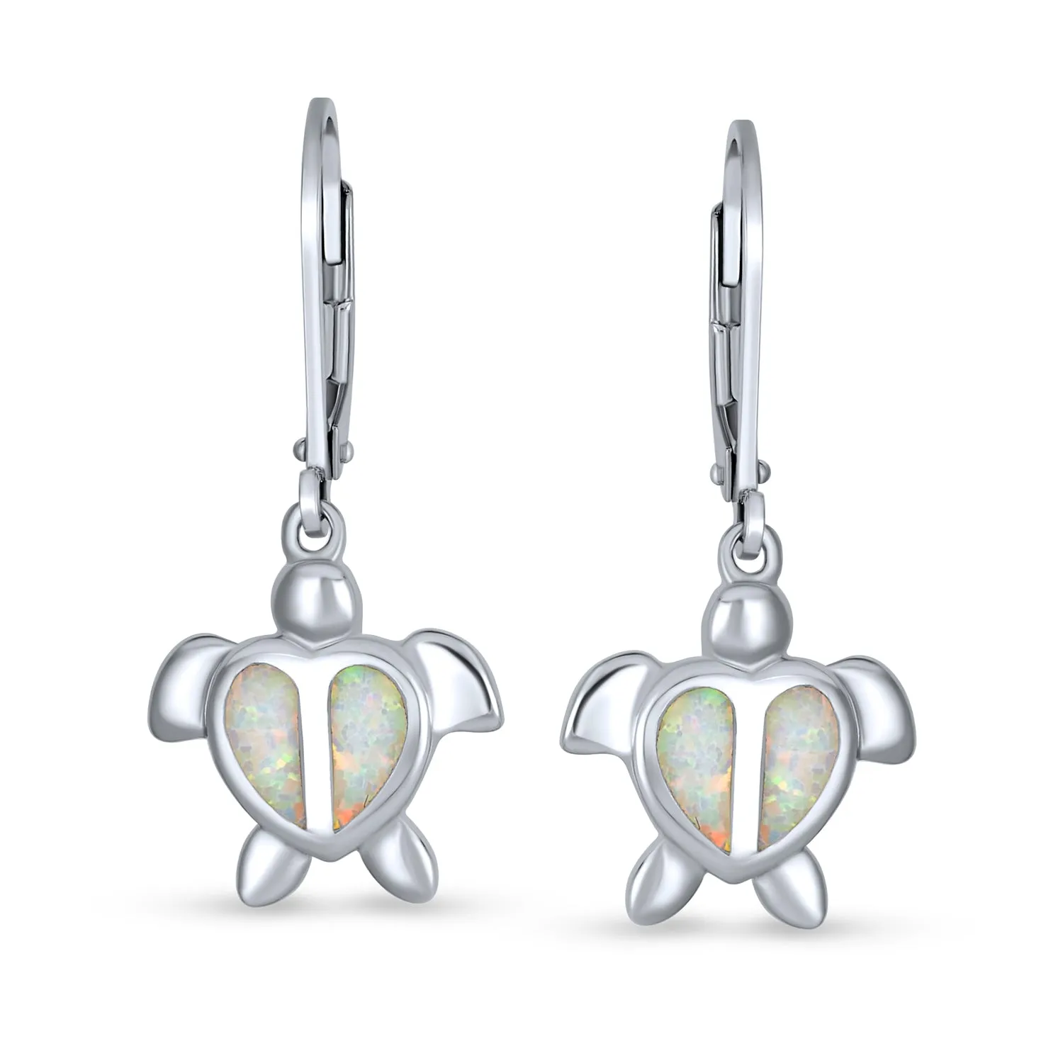 Created Opal Heart Turtle Drop Lever back Earrings .925 Sterling Silver