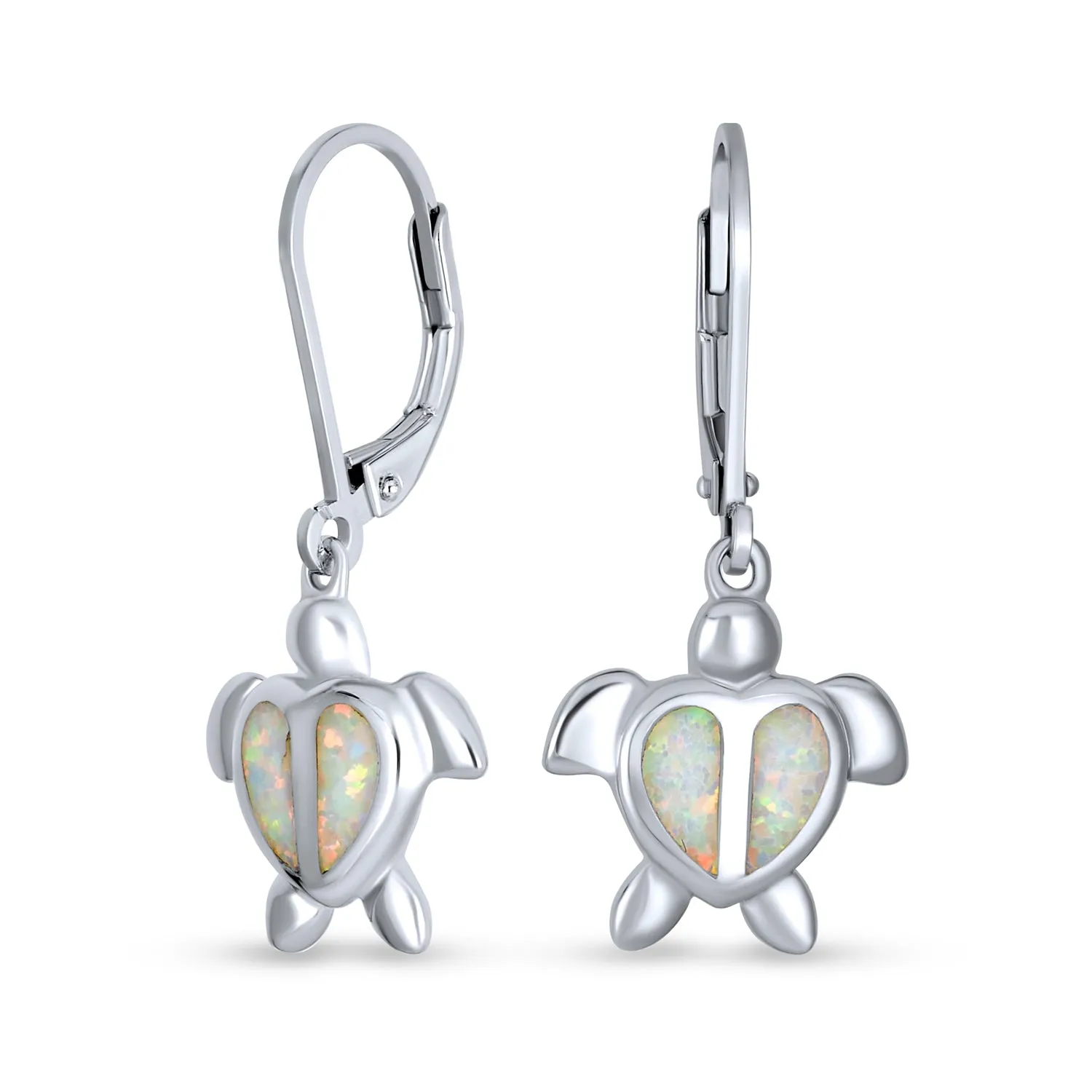 Created Opal Heart Turtle Drop Lever back Earrings .925 Sterling Silver