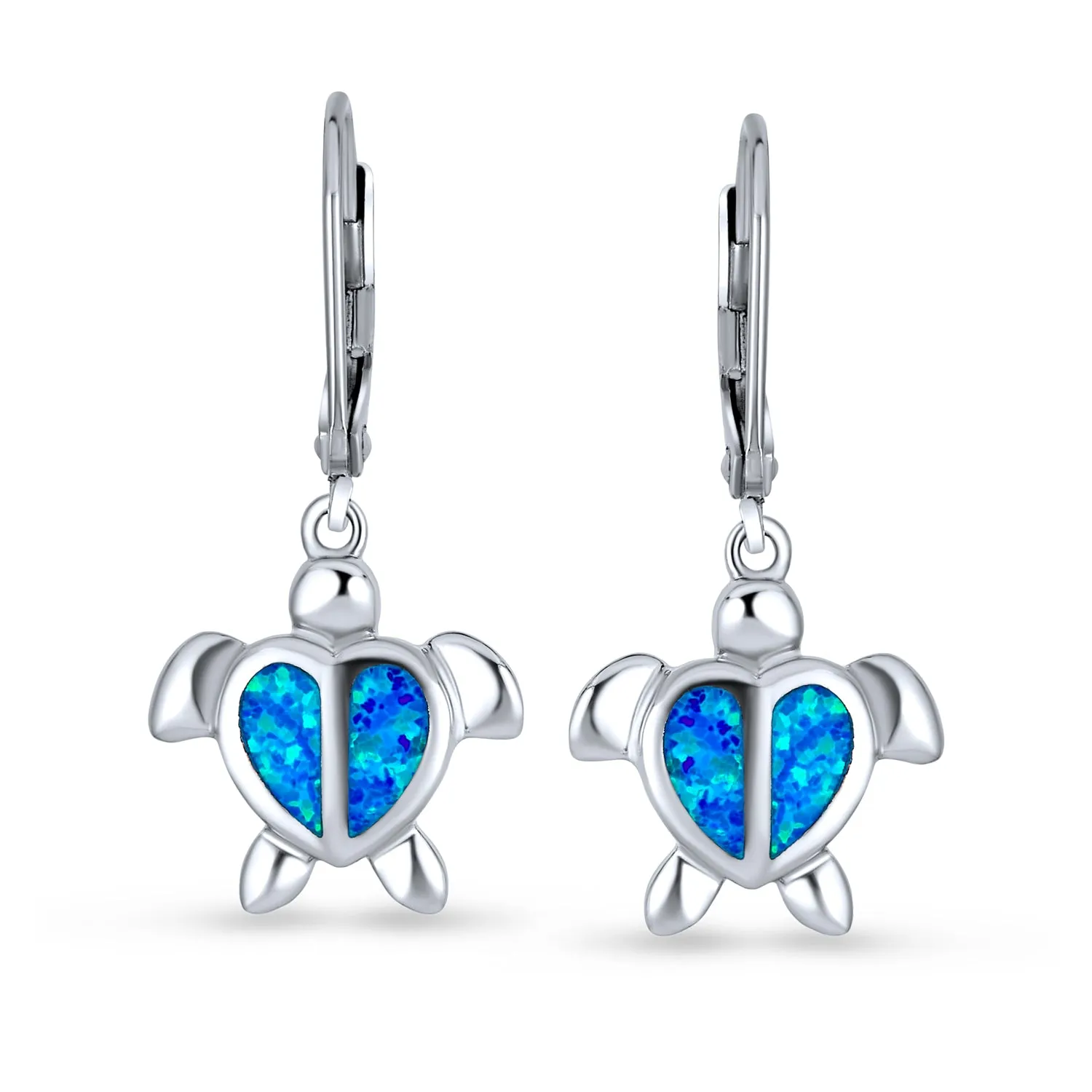 Created Opal Heart Turtle Drop Lever back Earrings .925 Sterling Silver