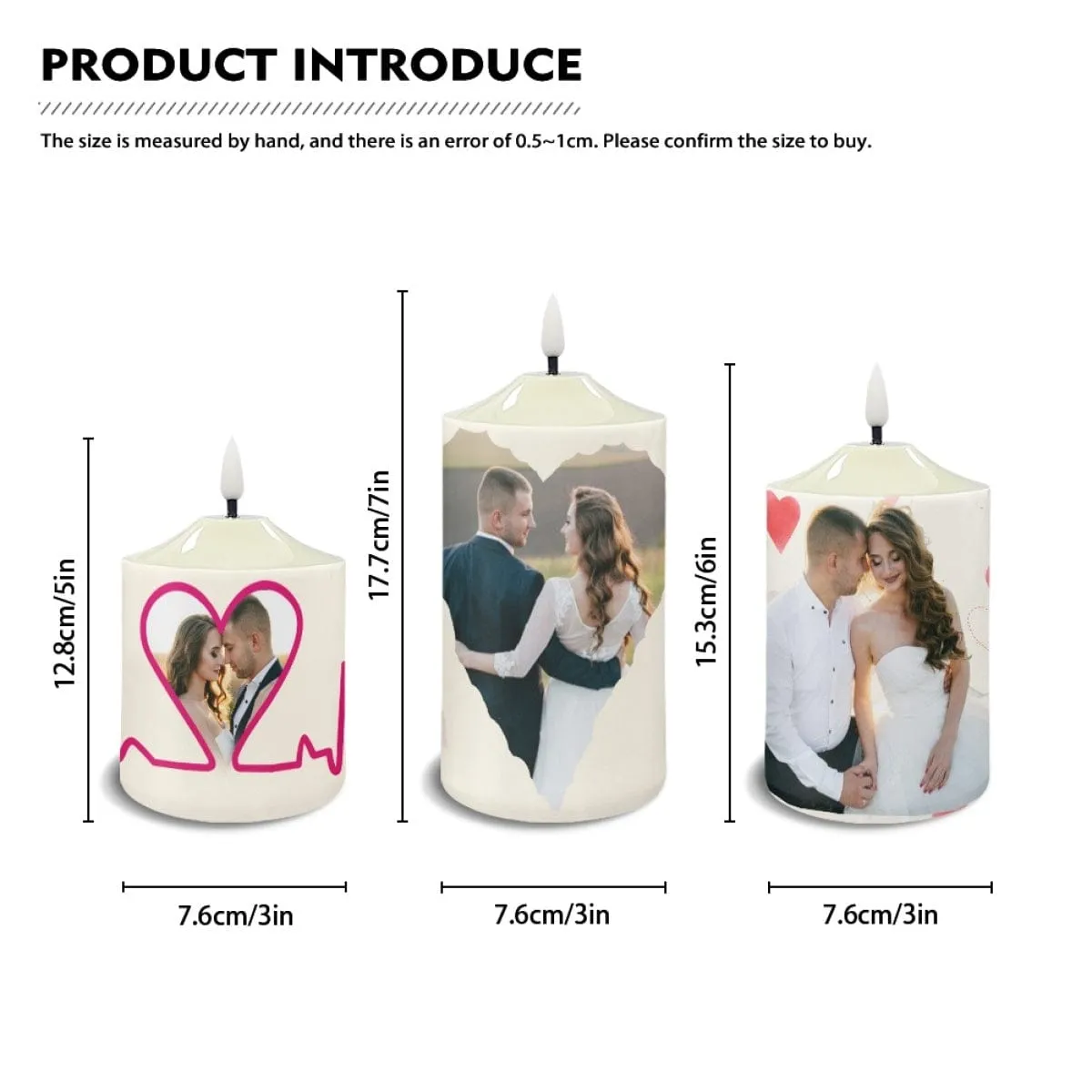 Custom Heart Photo Bullet Led Candles Set of 3 Pack Flameless Candles with Remote Timer