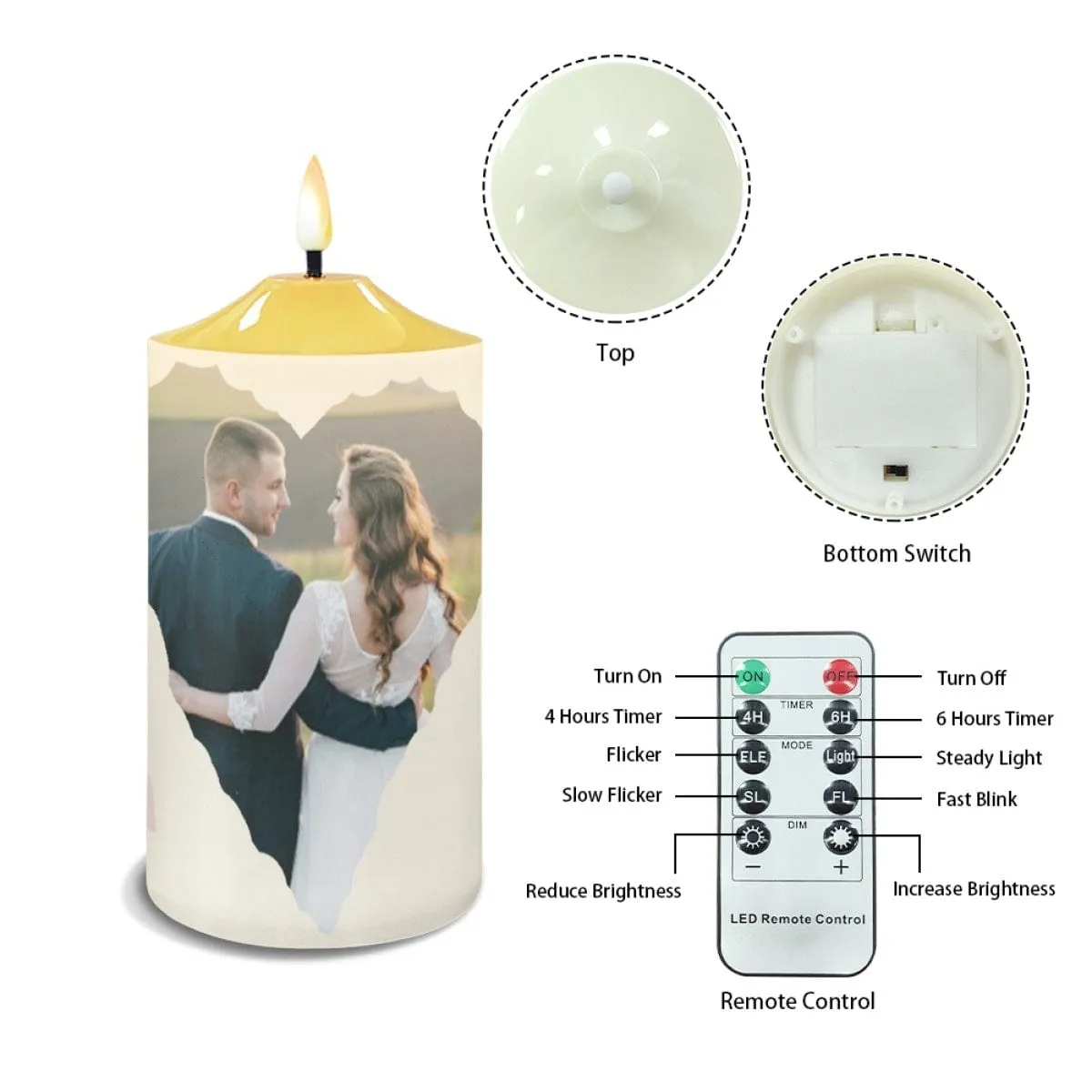 Custom Heart Photo Bullet Led Candles Set of 3 Pack Flameless Candles with Remote Timer