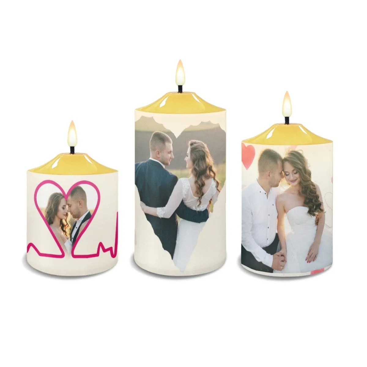 Custom Heart Photo Bullet Led Candles Set of 3 Pack Flameless Candles with Remote Timer