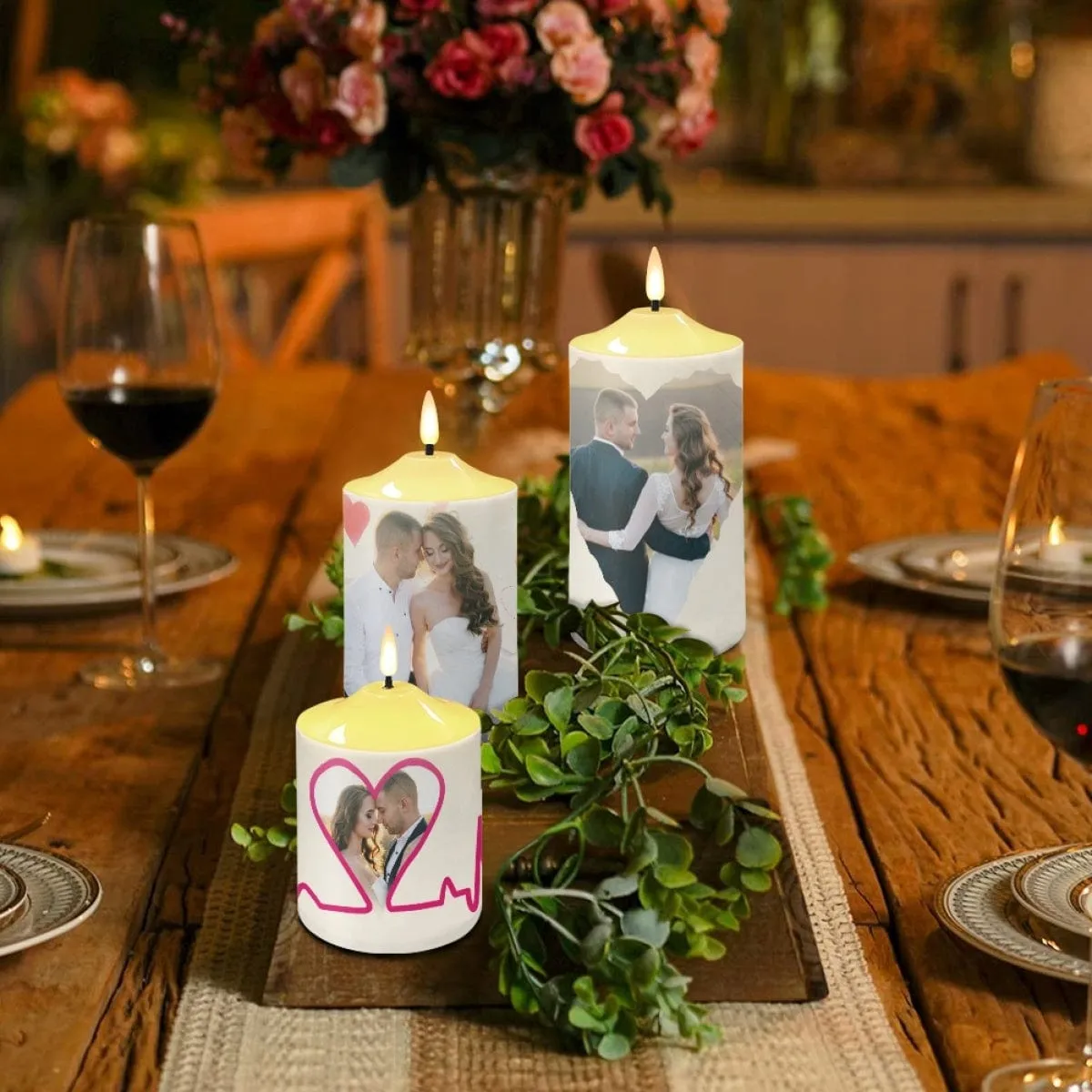 Custom Heart Photo Bullet Led Candles Set of 3 Pack Flameless Candles with Remote Timer