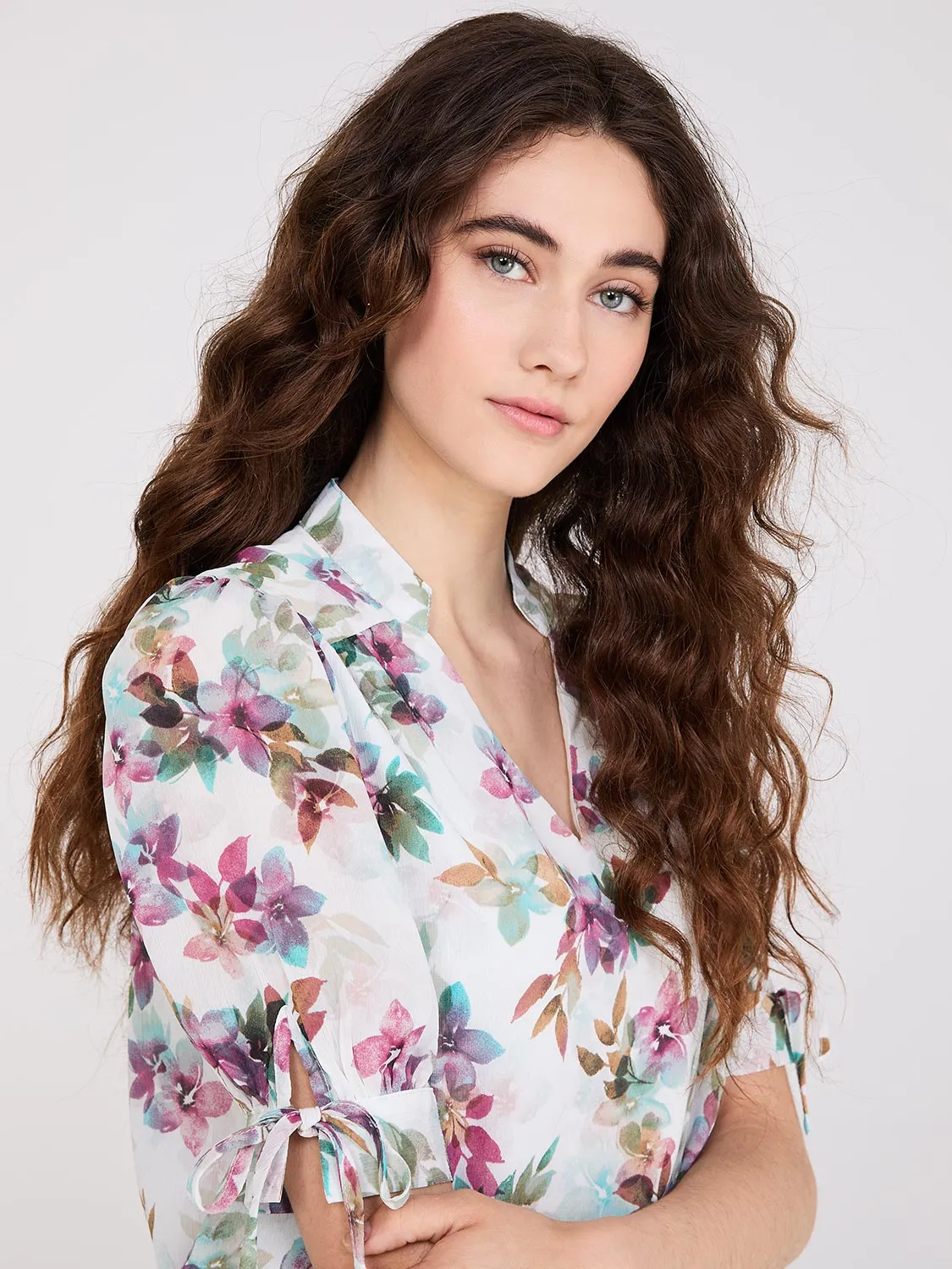 Floral Print Split Neck Tie Sleeve Blouse