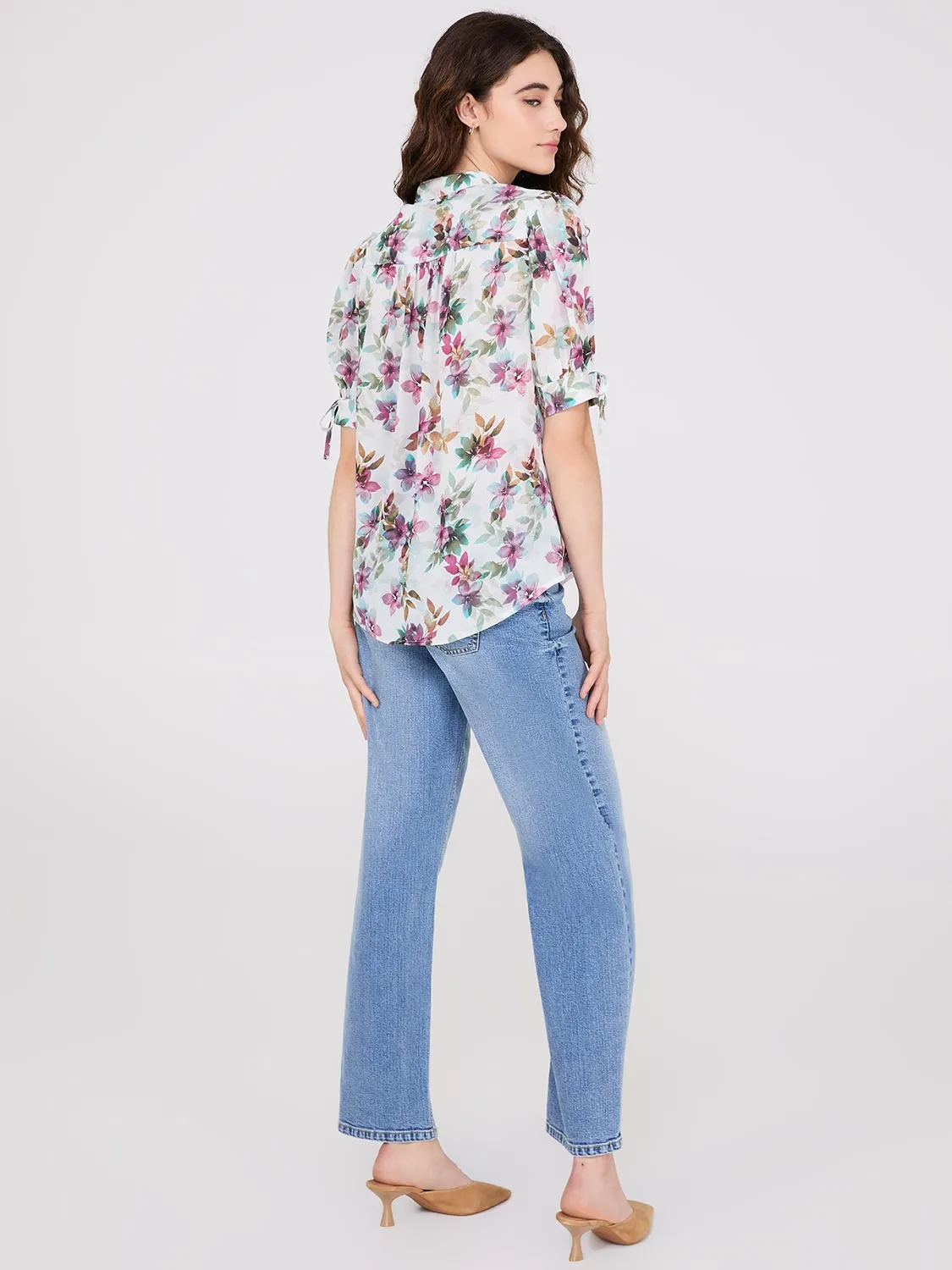 Floral Print Split Neck Tie Sleeve Blouse