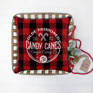 Large 20 x 20 red/black buffalo plaid "Olde Fashioned Candy Canes" throw pillow cover