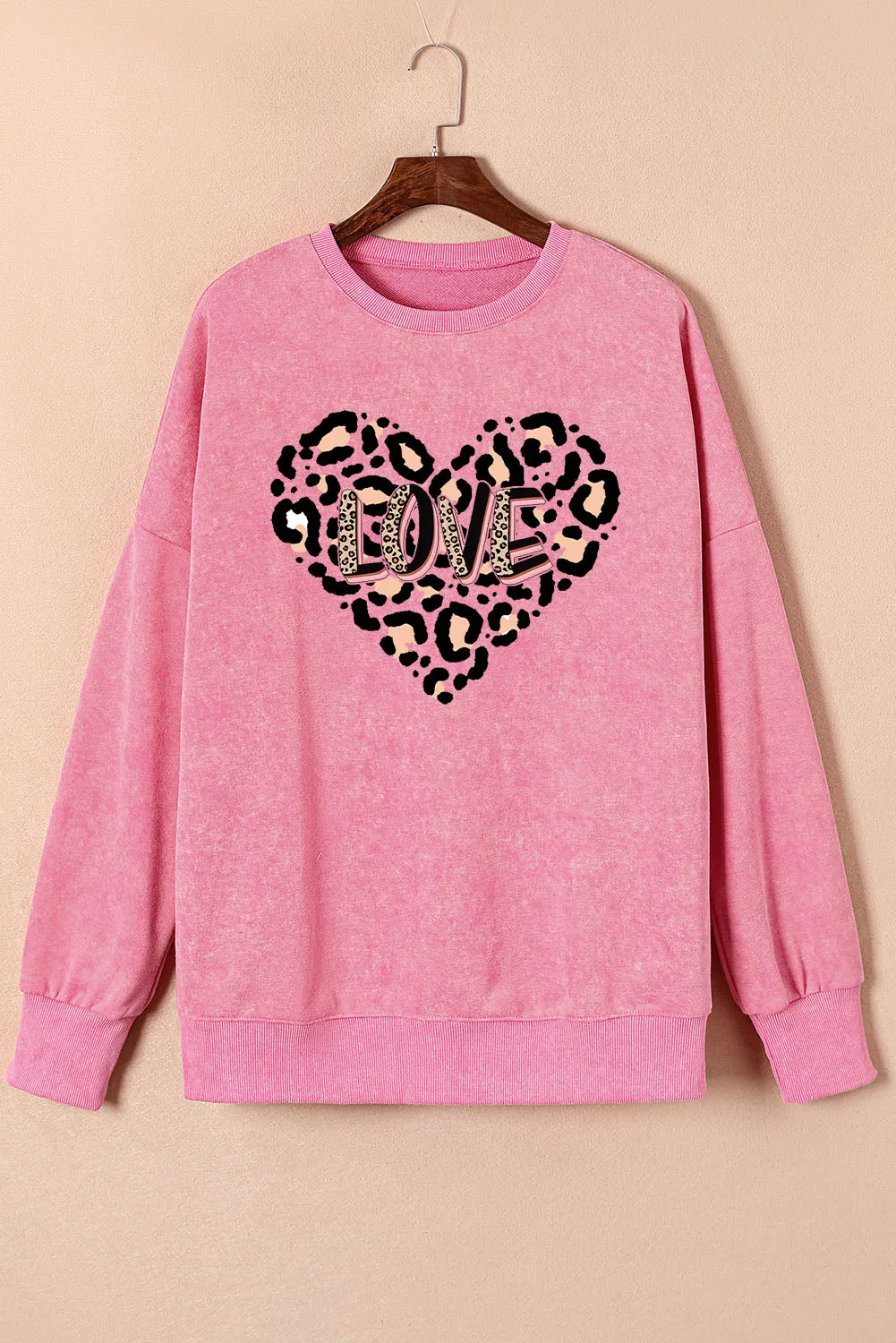 Leopard Heart LOVE Graphic Oversized Drop Shoulder Ribbed Sweatshirt