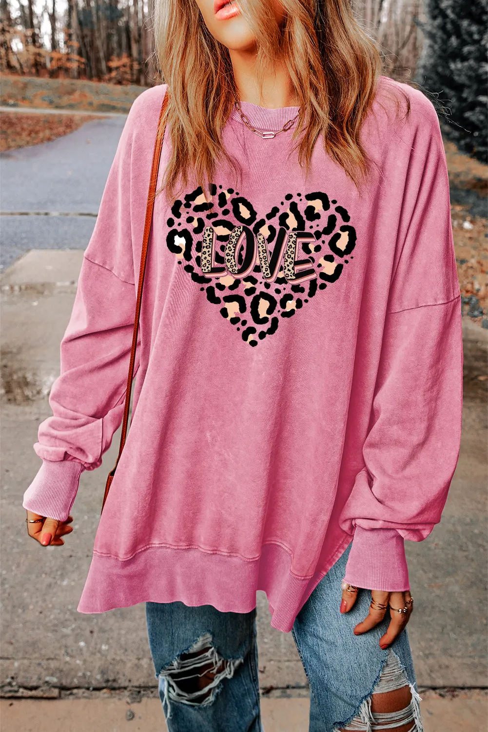 Leopard Heart LOVE Graphic Oversized Drop Shoulder Ribbed Sweatshirt