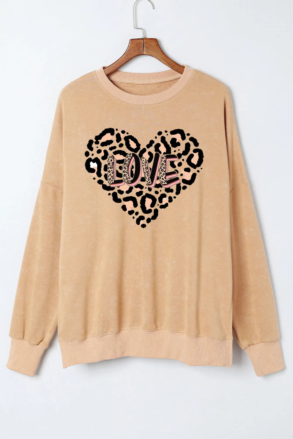 Leopard Heart LOVE Graphic Oversized Drop Shoulder Ribbed Sweatshirt