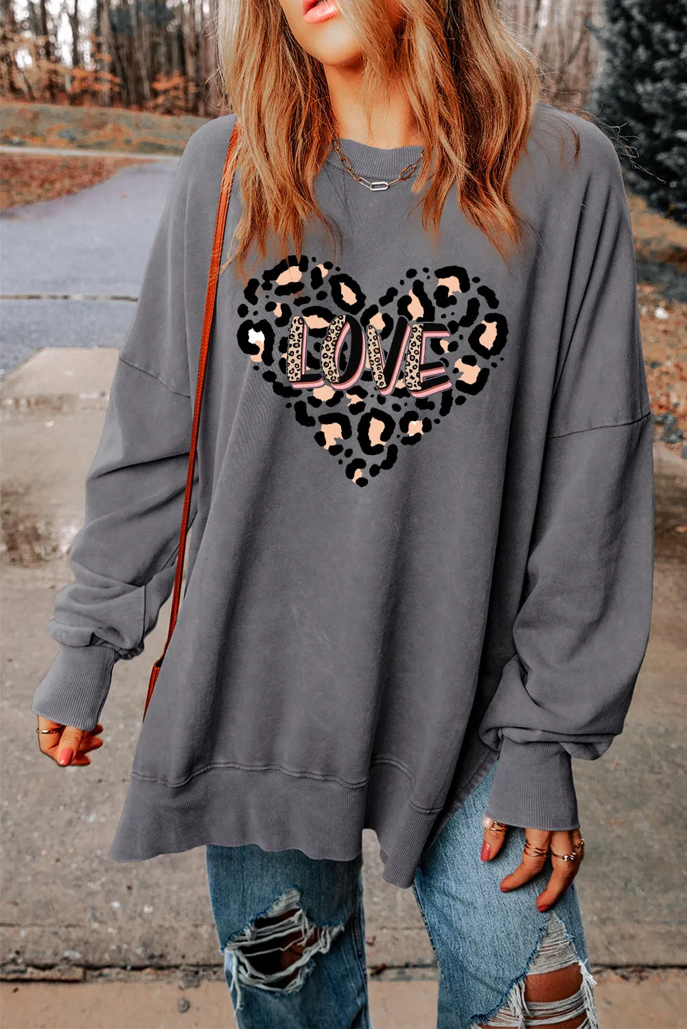 Leopard Heart LOVE Graphic Oversized Drop Shoulder Ribbed Sweatshirt