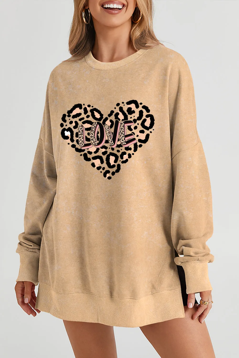 Leopard Heart LOVE Graphic Oversized Drop Shoulder Ribbed Sweatshirt