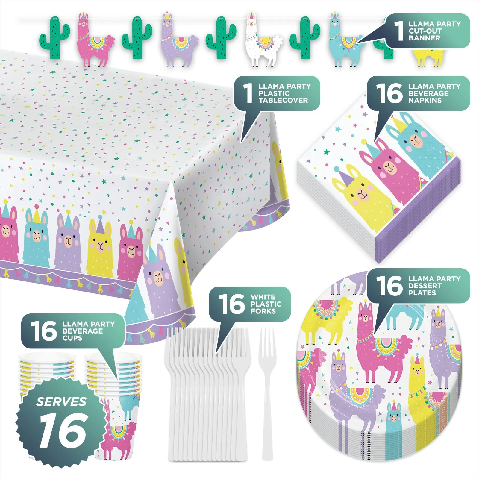 Llama Party Supplies - Llama Fiesta and Cactus Paper Dessert Plates, Napkins, Forks, Cups, Table Cover, and Banner Set (Serves 16)