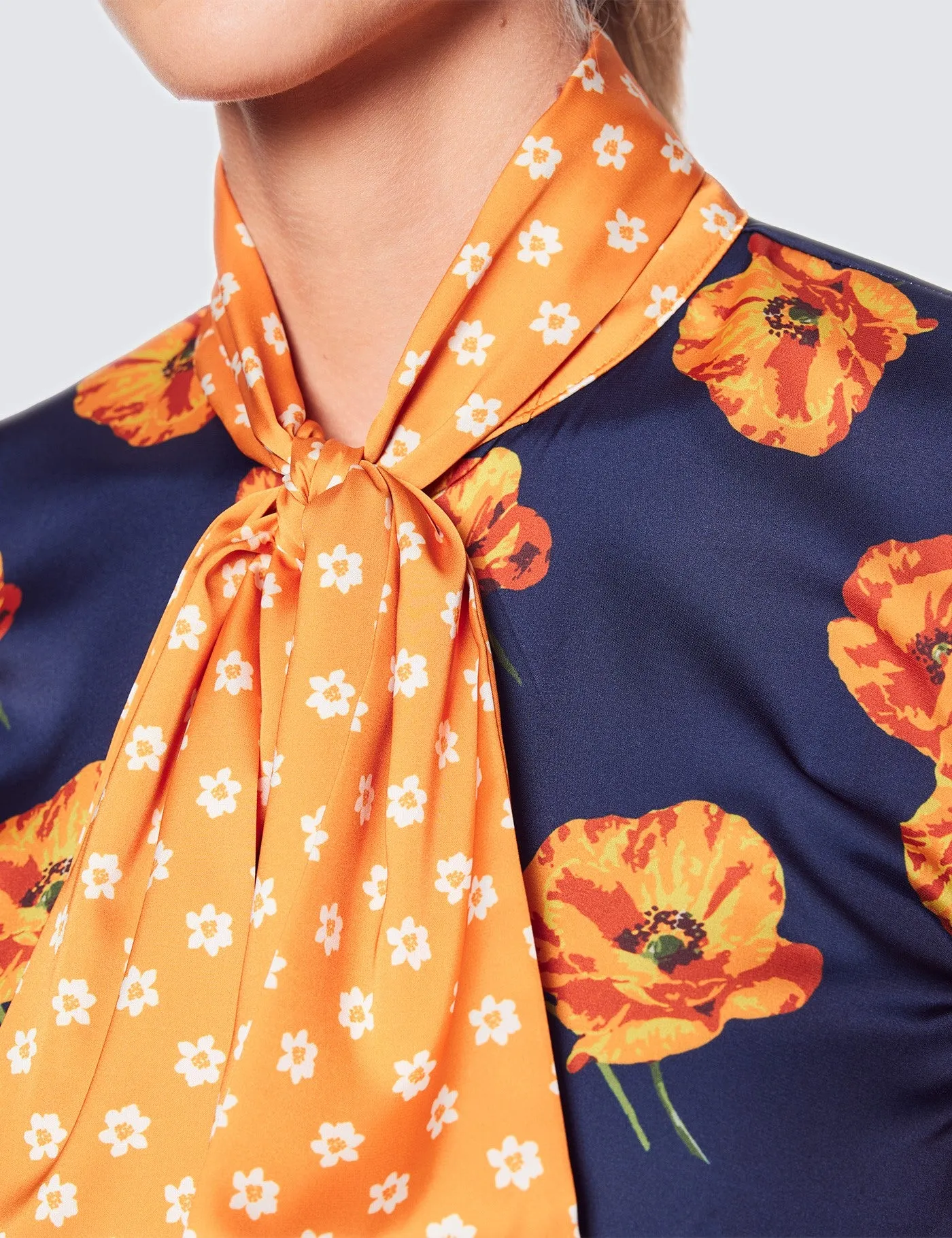 Navy & Orange Floral Print Pussy Bow