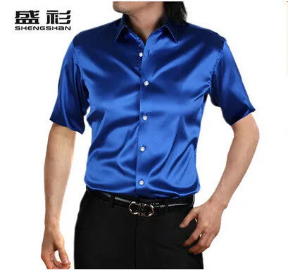 new brand summer style High quality silk short Sleeve men dress Shirts.