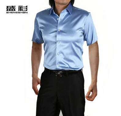 new brand summer style High quality silk short Sleeve men dress Shirts.