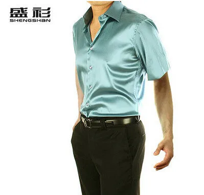 new brand summer style High quality silk short Sleeve men dress Shirts.