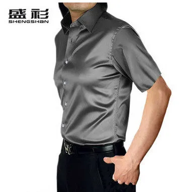 new brand summer style High quality silk short Sleeve men dress Shirts.