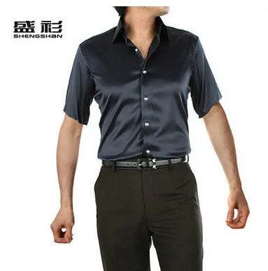 new brand summer style High quality silk short Sleeve men dress Shirts.