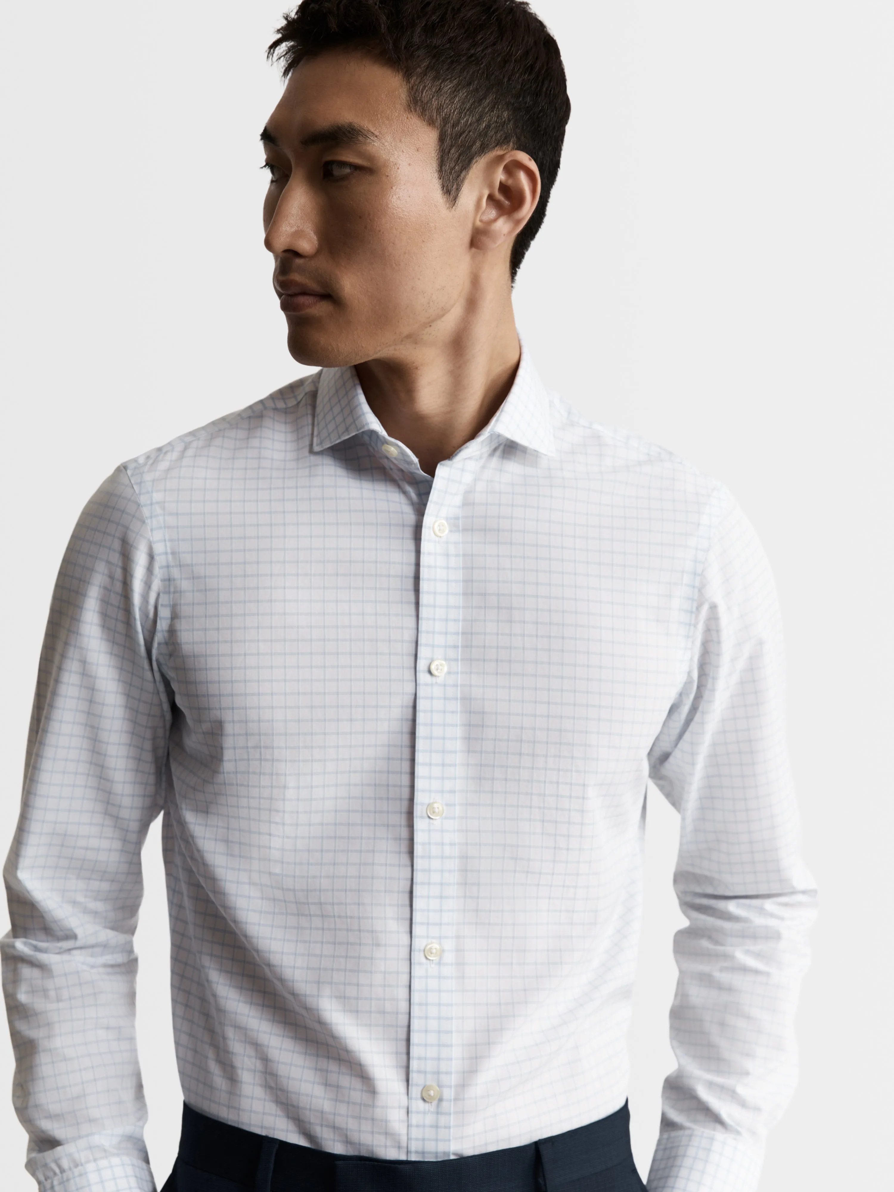 Non-Iron Blue Dash Check Plain Weave Fitted Single Cuff Semi-Cutaway Collar Shirt