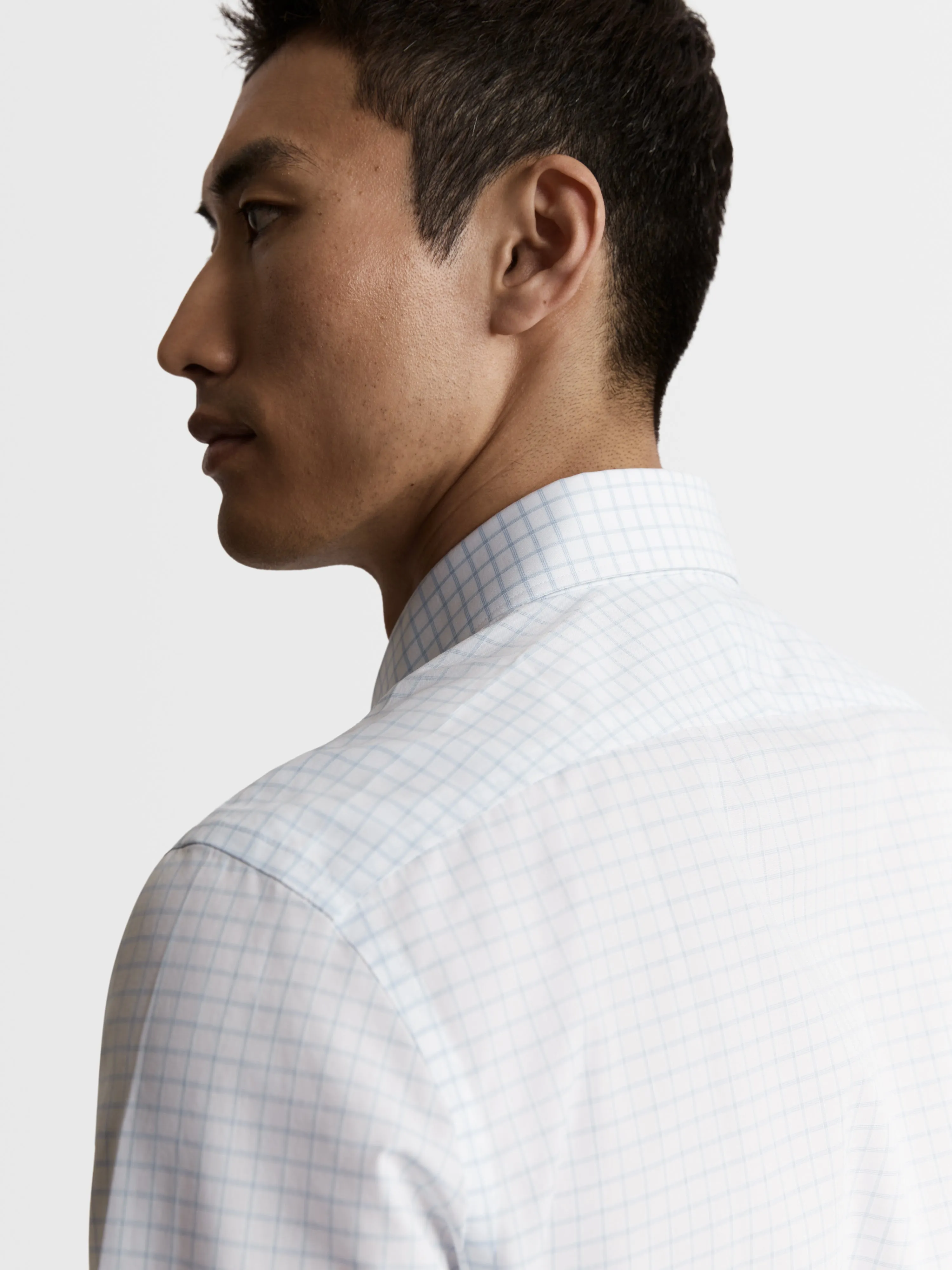 Non-Iron Blue Dash Check Plain Weave Fitted Single Cuff Semi-Cutaway Collar Shirt