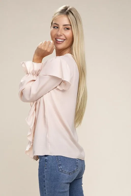 NUVI APPAREL V-Neckline Lace Trim Long Sleeve Blouse