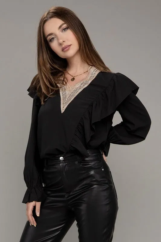 NUVI APPAREL V-Neckline Lace Trim Long Sleeve Blouse