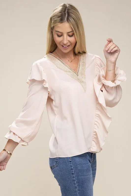 NUVI APPAREL V-Neckline Lace Trim Long Sleeve Blouse