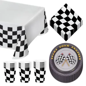 Race Party Supplies - Checkered Flag Racecar Dessert Plates, Napkins, Cups, and Table Runner Set (Serves 16)