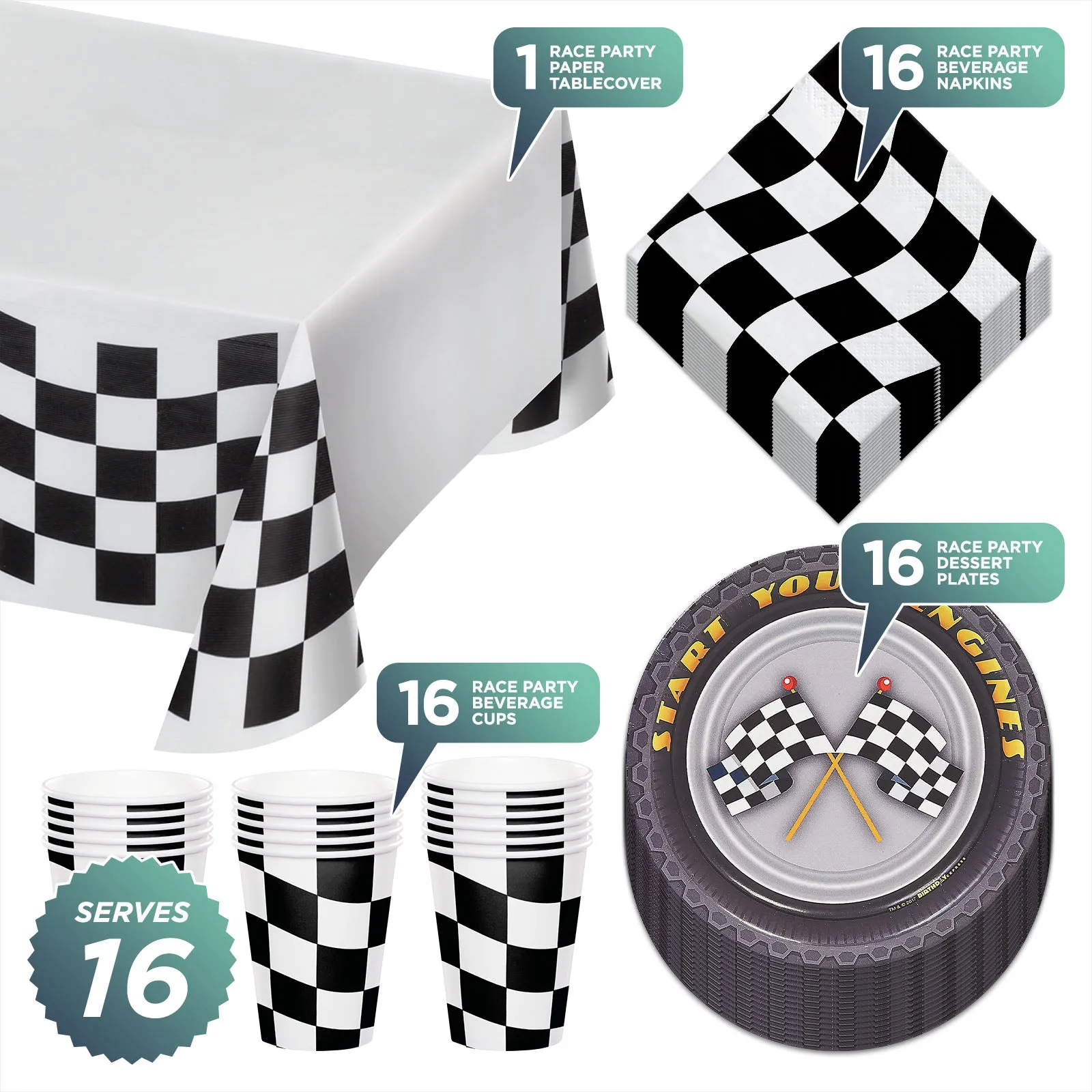 Race Party Supplies - Checkered Flag Racecar Dessert Plates, Napkins, Cups, and Table Runner Set (Serves 16)