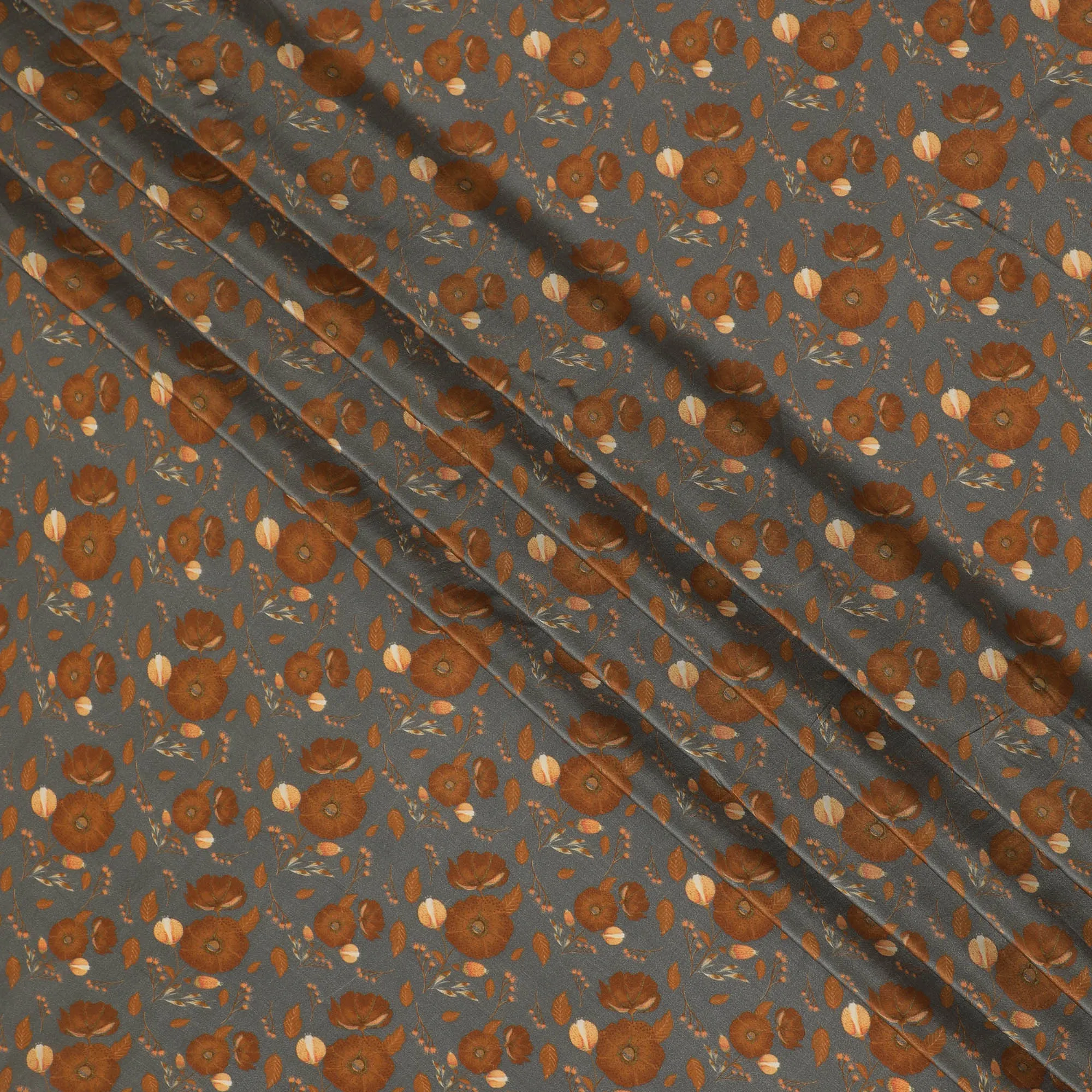 Slate Blue Synthetic Crepe Fabric with Rustic Orange Floral Pattern, 110 cm Wide-D19139