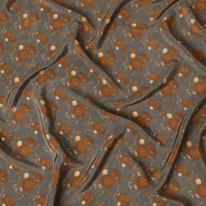 Slate Blue Synthetic Crepe Fabric with Rustic Orange Floral Pattern, 110 cm Wide-D19139