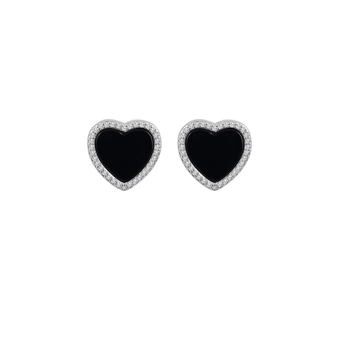 Sterling Silver Heart Onyx Halo Stud Earrings